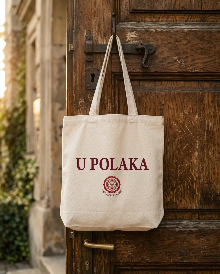Płócienna torba ecru z czerwonym napisem U Polaka na drewnianych drzwiach